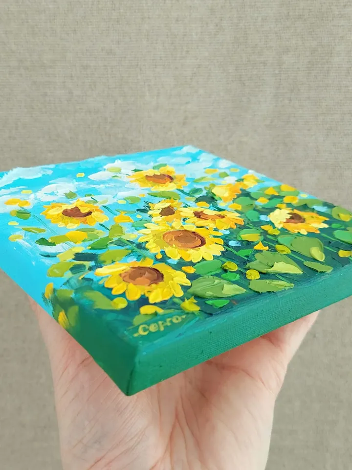 Sunflowers In The Field. Original Art. 6x6 inches.
