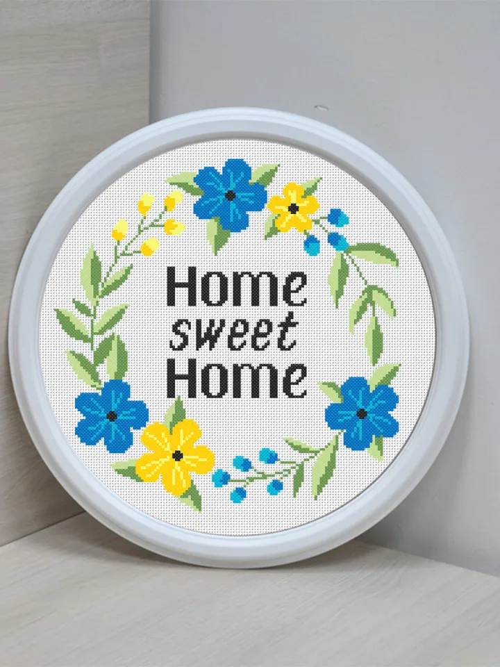 Home sweet home cross stitch pattern download PDF, Framed quote cross stitch chart, Floral wreath embroidery PDF, Easy beginner stitch #Q42