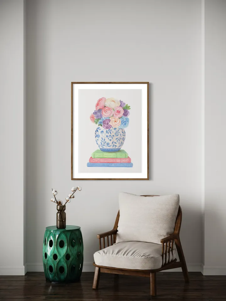 Chinoiserie Book Illustration Print, Watercolor Painting, Book Lover Gift, Book Stack Decor, Ginger Jar Print, Chinoiserie Wall Art, Bouquet