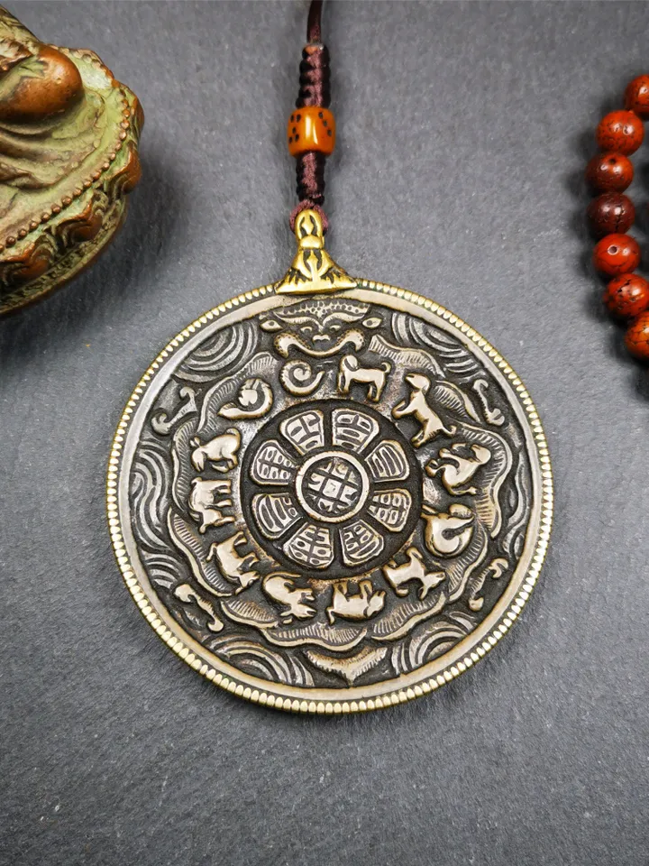 Gandhanra Antique Tibetan Buddhist Amulet,Melong Mirror,Calendar Badge,SIPAHO(srid pa ho),Made of Lima Brass,2.6"