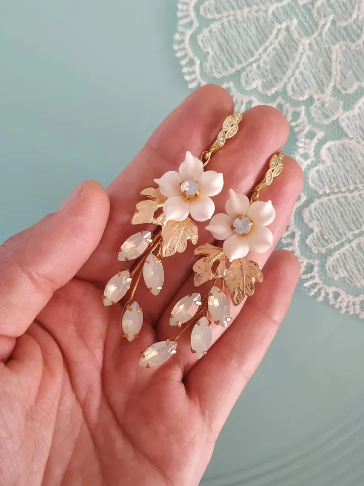 Opal Gold Long Wedding Earrings, Porcelain Flower Bridal Earrings, Boho Wedding Earrings, Leaf Bride Earrings, Chandelier Statement Earrings