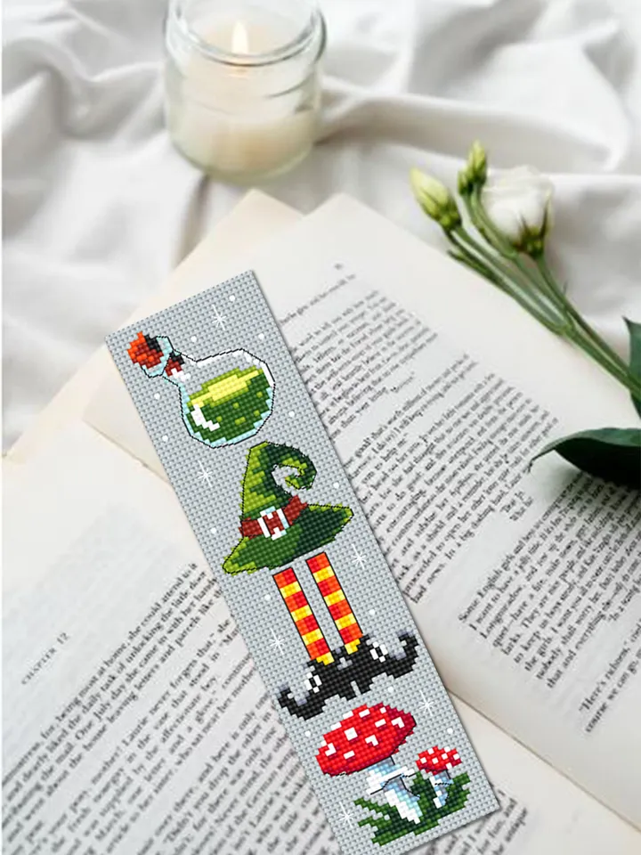 Halloween bookmark cross stitch pattern PDF download Witch cross stitch chart, Handmade bookmark pattern digital, Witch hat, Mushroom #B218