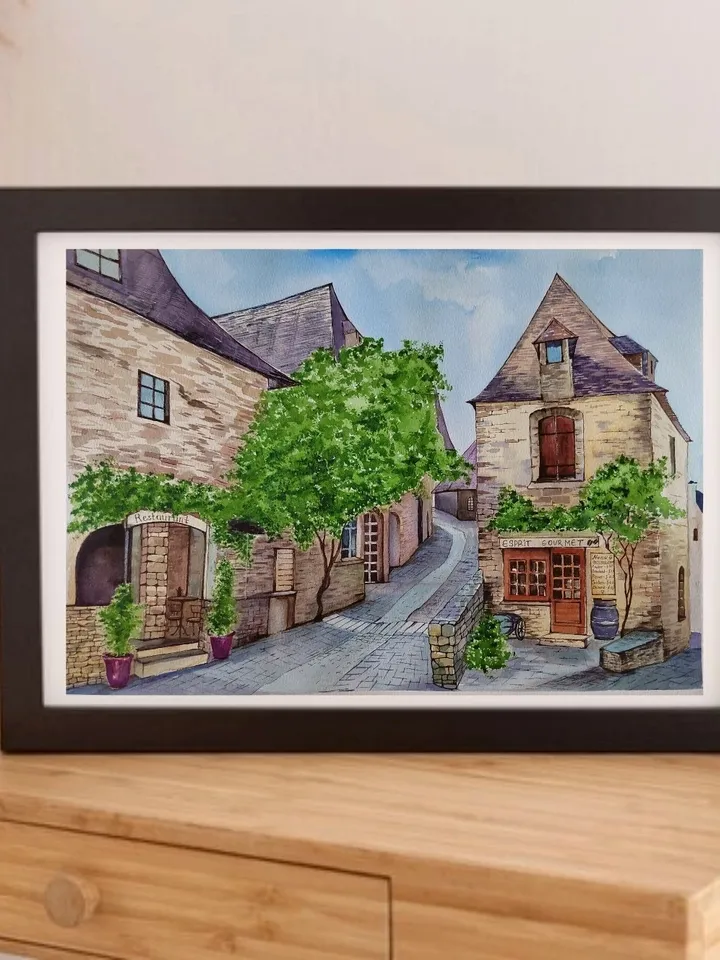 Beynac et Cazenac Village Painting French Village Landscape Artwork Original Watercolor Art 11.81x15.74 in by SoftWaves
