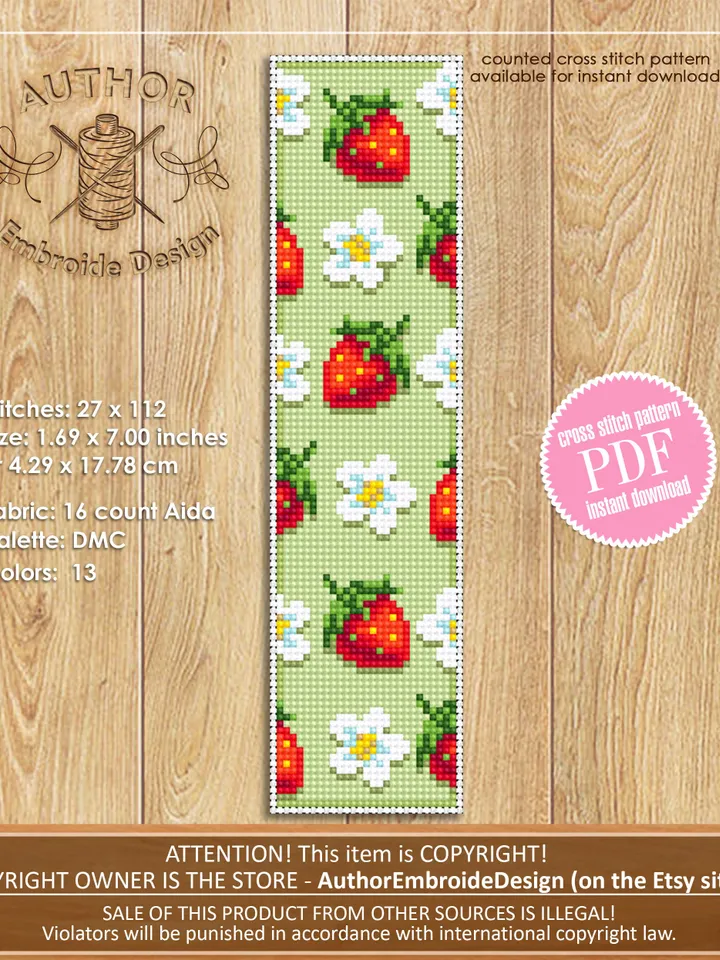 Bookmark Strawberry cross stitch download PDF Summer cross stitch chart Digital bookmark fruit Red berries xstitch Floral embroidery #B48