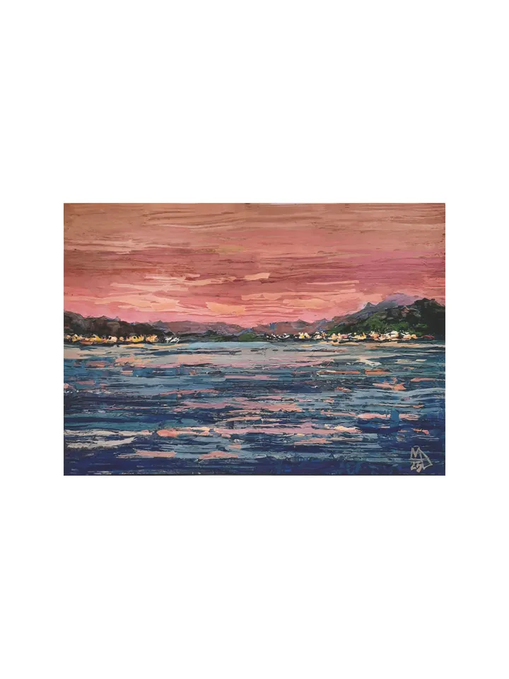 Seascape at Pink Sunset 5x7" ORIGINAL ARTWORK Impressionist Small Painting Signed by artist Marina Chuchko
