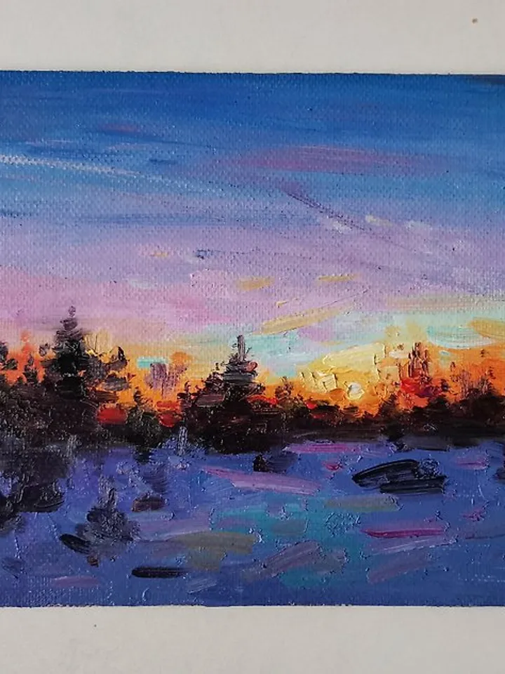 Sunset Painting Original Art Small Impasto Oil Painting Landscape Painting 手工油畫