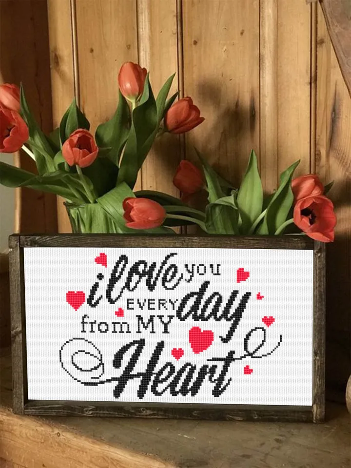 Love quote cross stitch pattern download PDF Love lettering I love you every day cross stitch chart, Valentines day gift Beginner stitch #V4