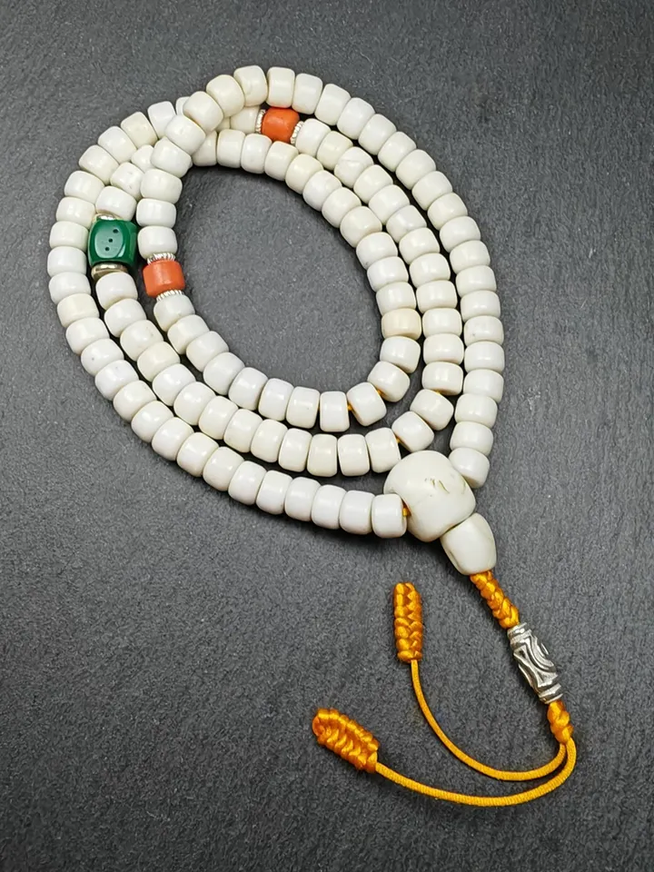 Gandhanra Vintage Tibetan Mala Necklace | 8mm Shankha Shell 108 Prayer Beads for Meditation and Spiritual Practice