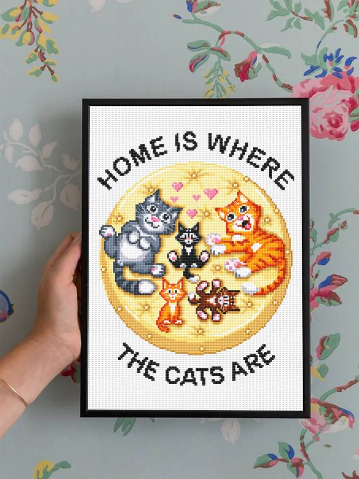 Cat cross stitch pattern download PDF Home is where the cats are, Cat quotes cross stitch chart, Cute kittens embroidery Cat lover gift #K4