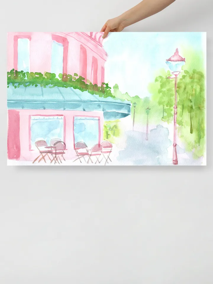 Pink Blue French Street Painting, French Watercolor, Pastel Pink Wall Art, Pink House Painting, Cityscape Watercolor, Gift For Her, Pink Art