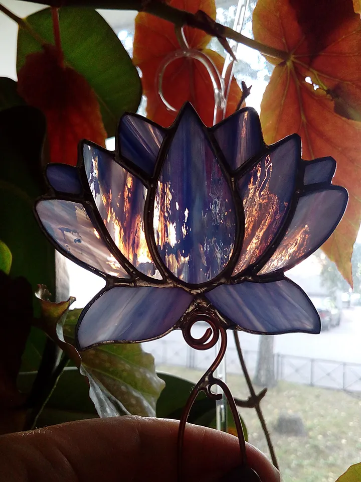 Flower suncatcher, Lotos, Purple lotos flower, nature Stained glass, Stained glass flower, Garden art, Glass Lilie
