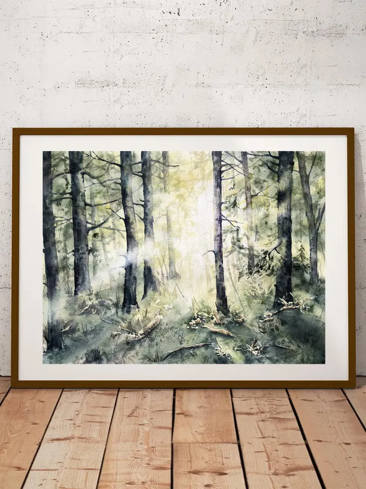 Forest Painting Original Trees Watercolor Painting Sunset Wall Art
