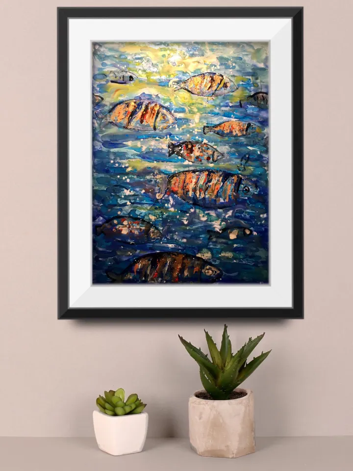 The undersea harmony,poster from original mix media artwork on yupo paper,alcohol inks,watercolor,glass paints ,unique handpainted artwork.