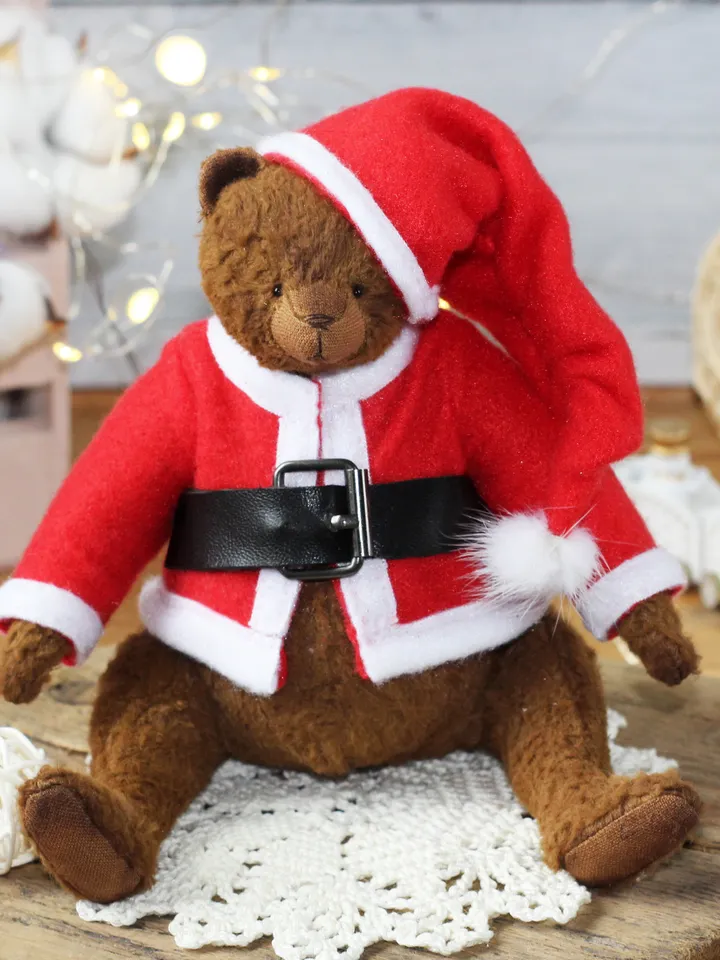 Artist Teddy bear interior toy in Santa Claus outfit, Mini bear artist teddy doll in vintage style, Ooak teddy bear