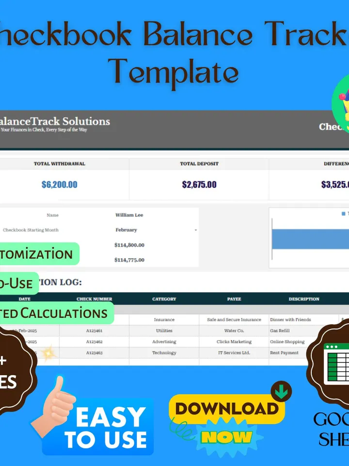 Checkbook Balance Tracker Template, Editable Google Sheets, Digital Check Register, Personal Finance Log