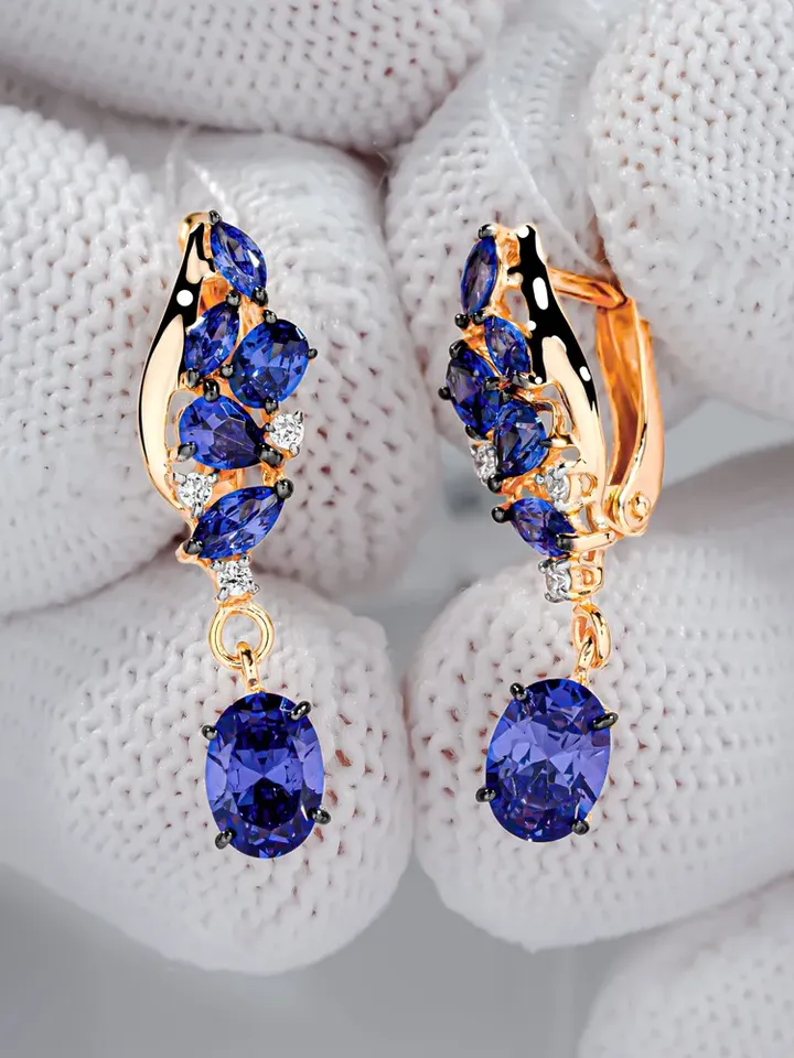 Earrings jewelry Silver gold plated 925 assay value with tanzanite