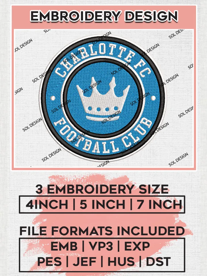 Charlotte FC Soccer Team Logo Embroidery Design, MLS Charlotte FC Logo Embroidery Files, Soccer Team Machine Embroidery, Machine Embroidery Design