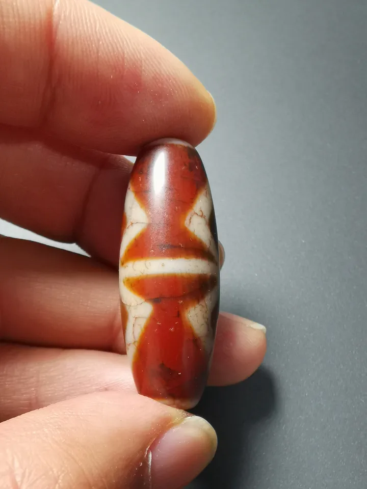 Gandhanra Ancient Tibetan Fire Agate Phum Dzi Bead with Dorje Vajra Pattern(1.58" * 0.55"), Protective Amulet for Vajrayana, zee Bead