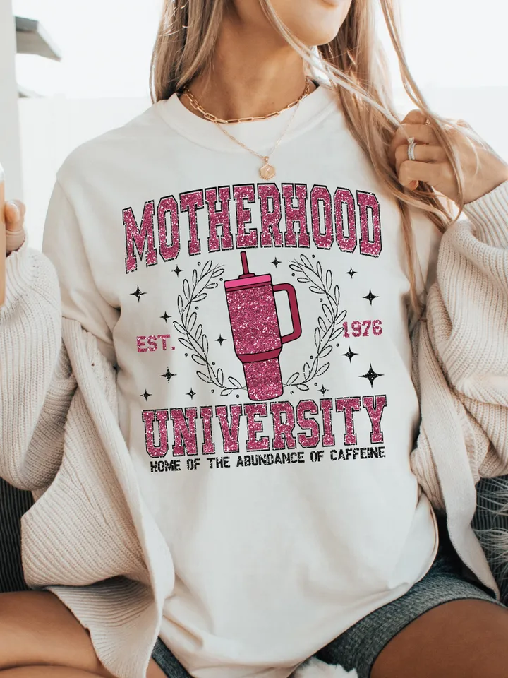 Motherhood University PNG, Faux Glitter Sparkly mama,  funny mama png, Preppy Ice Coffee Mama, Sublimation, funny mama, mom, mothers day