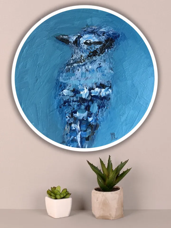 Blue jay bird painting on round canvas,bird wall art,original oil impasto bird painting,round canvas oil painting,gifts home decor.