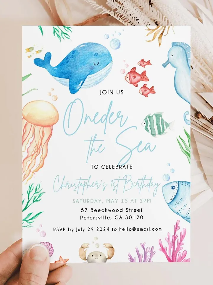 Oneder the Sea Birthday Invitation Under the Sea Editable Canva Template, 1st Birthday Invite Ocean Animals Invitation, Kids Birthday Invite