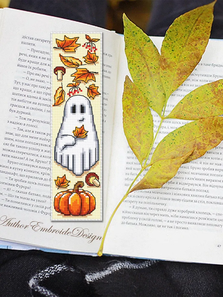 Ghost with pumpkin bookmark cross stitch pattern PDF download Cute ghost cross stitch chart, Fall bookmark pattern digital PDF #B369