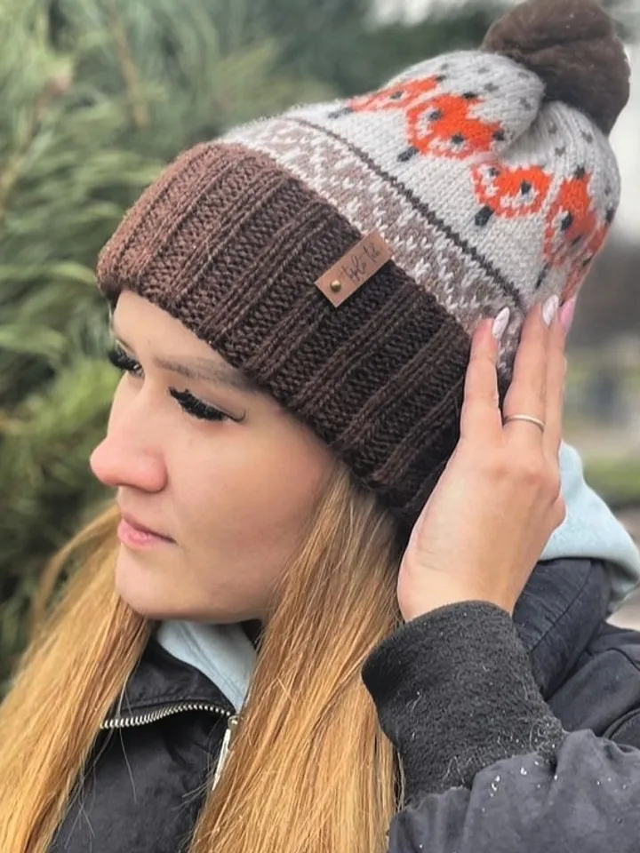 Warm jacquard knitted pompom hat