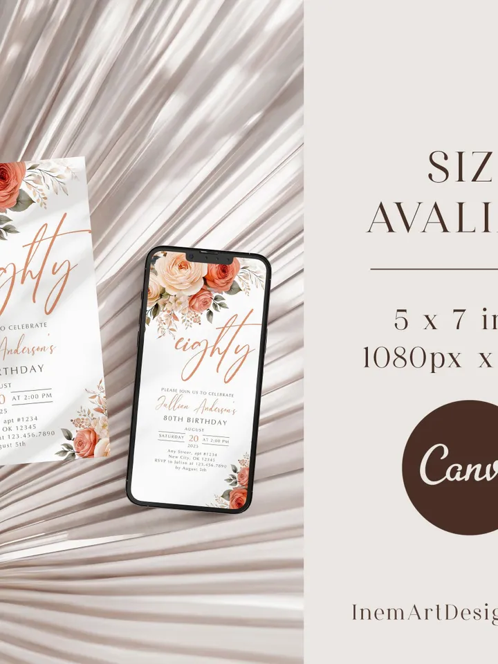 80th Birthday Invitation, Birthday Party Invitations for Women, Floral Birthday Invite for Her, Canva Editable Template, Instant Download