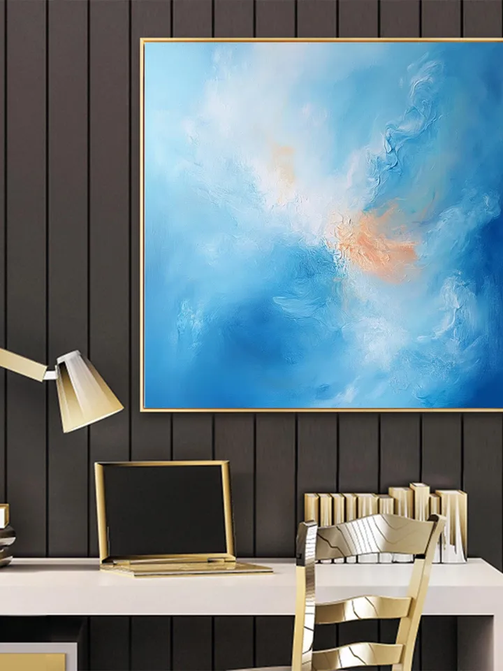 Hand-Painted Abstract Sea Oil Painting on Canvas | Soft Blue and Orange Art | Serene Wall Decor for Living Room or Bedroom | Custom Painting