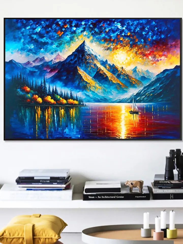Large Original Mountain Scenery Oil Painting On Canvas, Abstract Lake View Painting, Colorful Landscape, Custom Painting, Bedroom Wall Art