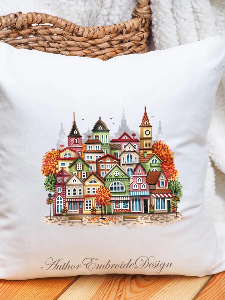 Fall houses cross stitch pattern PDF download Autumn cross stitch chart, Autumn city pattern digital PDF, Urban landscape, Home decor #E18