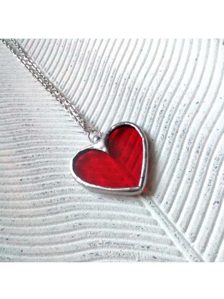 Red heart glass necklace, Love pendant, st Valentine scarlet heart necklace, kawaii pendant
