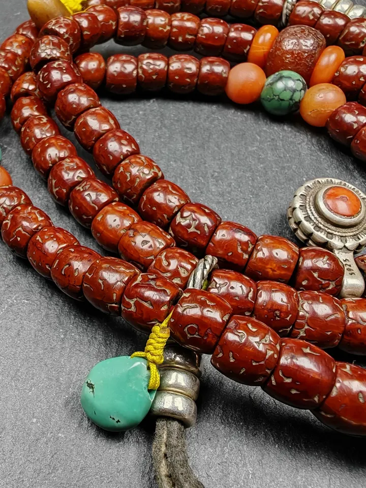 Authentic Tibetan Rudraksha Mala Necklace,Old 8mm 108  Prayer Beads,with Unique Mix of Treasures,Tibetan  Rosary,Spiritual Gift