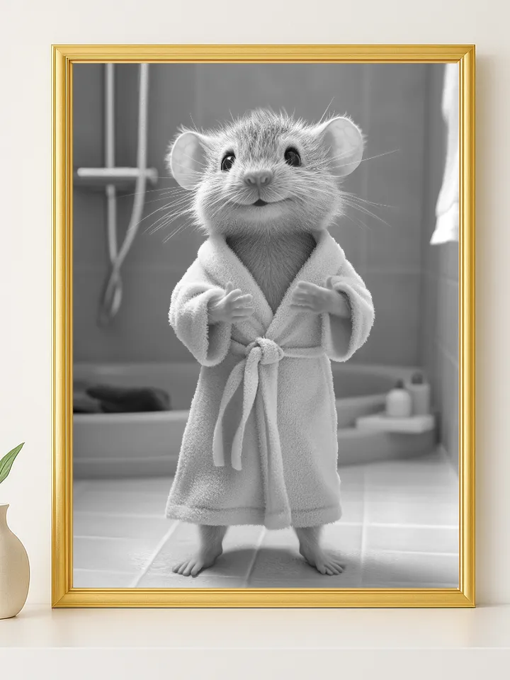 Cute Mouse Bathroom Wall Art, Whimsical Animal in Robe Print, Adorable Nursery Decor, Playful Mouse Digital Download
