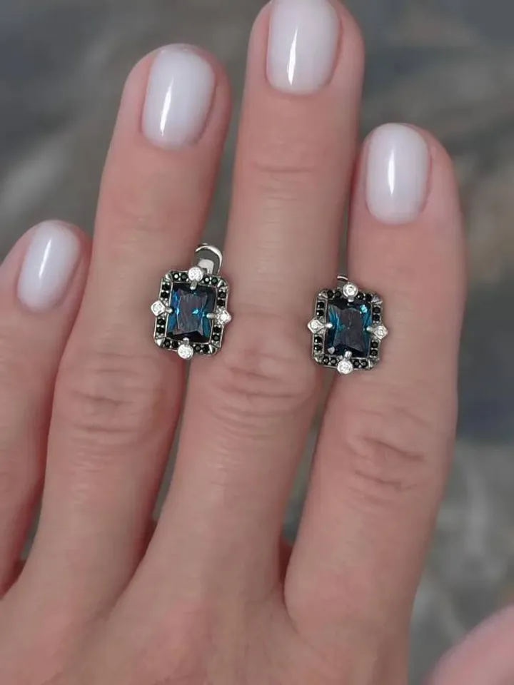 Earrings, silver 925, with London topaz, cubic zirconia and crystals