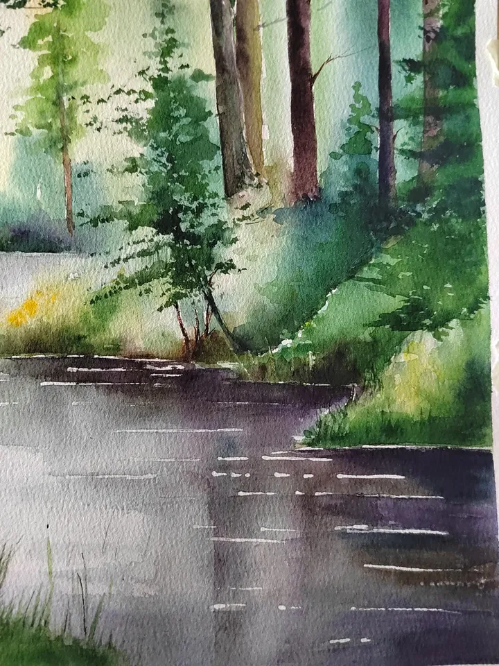 Forest Landscape Painting Original Watercolor Art Forest River Artwork Summer Forest Picture 10.62x15.35 in by Art Café