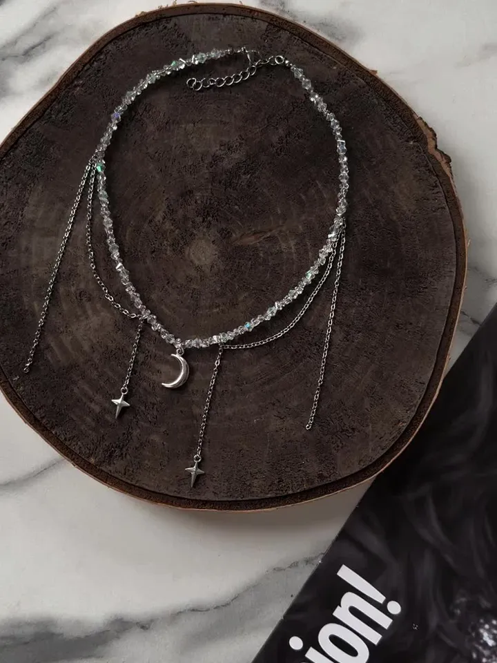 Chain necklace, Choker with a chain and a moon pendant, a necklace with a crescent moon, Silver Choker, Layer Link necklace, Multi Strand necklace