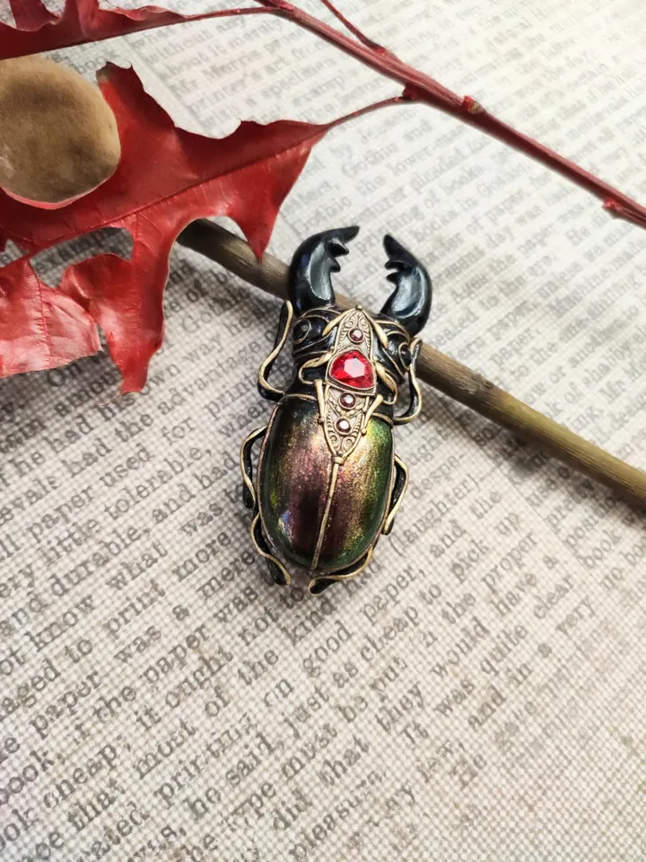Stag Beetle, Big Beetle, Beetle Brooch, Green Beetle, Insect brooch