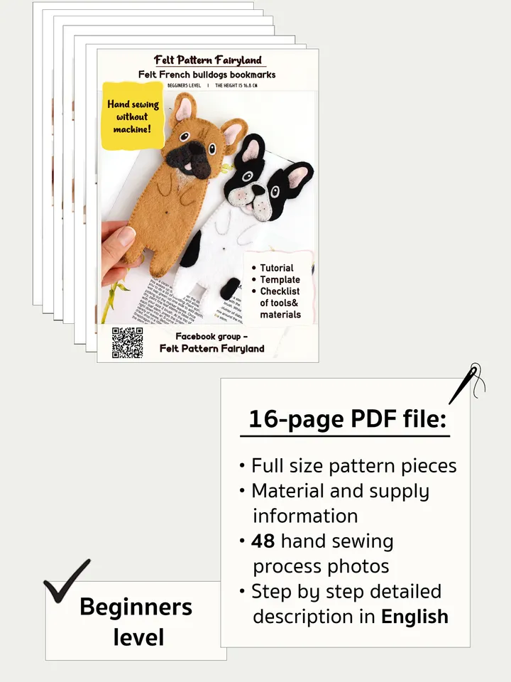 Felt long French bulldogs bookmarks hand sewing PDF tutorial with patterns. DIY dog bookmarks. Book and pets lover gift. Felt school supplies
