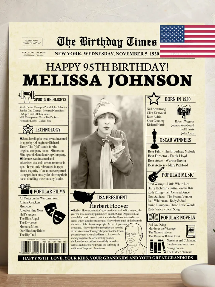 Personalized 95th Birthday Gift, 1930 Newspaper Poster, Vintage 95th Birthday Sign, Gift for Men or Women, 95th Birthday Decorations - USA