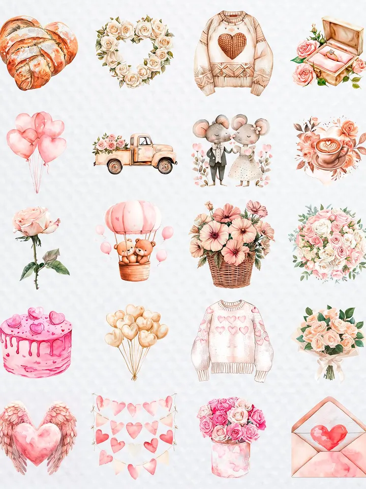 176 Watercolor Valentines Day PNG Bundle, Valentine Teddy Bears, Boho Valentine's Card Making Kit, Love is in the air, Love Day Clipart