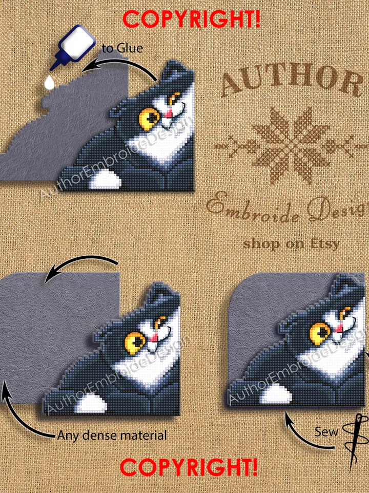 Black cat Corner bookmark cross stitch pattern download PDF Funny cat cross stitch chart, Cat bookmark digital pattern, Cat lover gift #B421
