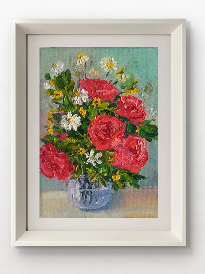 Red Roses Original Oil Painting Rose Flower Painting Wall Art Red Red Flower Wall Decor Small Art Rose Original Art impasto artwork
