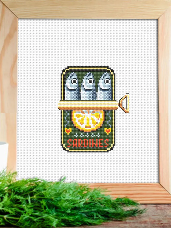 Sardines in a can cross stitch pattern PDF download Tinned sardines cross stitch chart, Small fish pattern digital, Funny kitchen decor #F25