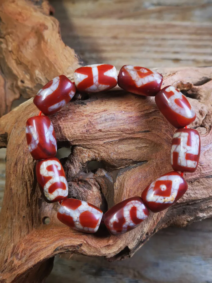 Gandhanra Old Tibetan Dzi Bead Bracelet, Fire Agate Beads Bracelet,Mixed Swastika,Vase,Lotus,Tiger Tooth,and Phum Dzi Beads