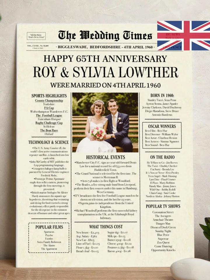 65th Anniversary 1960 Newspaper Photo Poster, 1960 Anniversary, 65th Anniversary Party Sign, 65th Anniversary Gift Board Anniversary gift UK