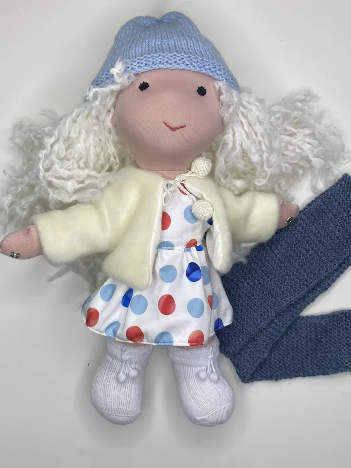 Handmade organic textile cotton Waldorf doll ready to ship, Authors stuffed soft doll with clothes set, Christmas baby