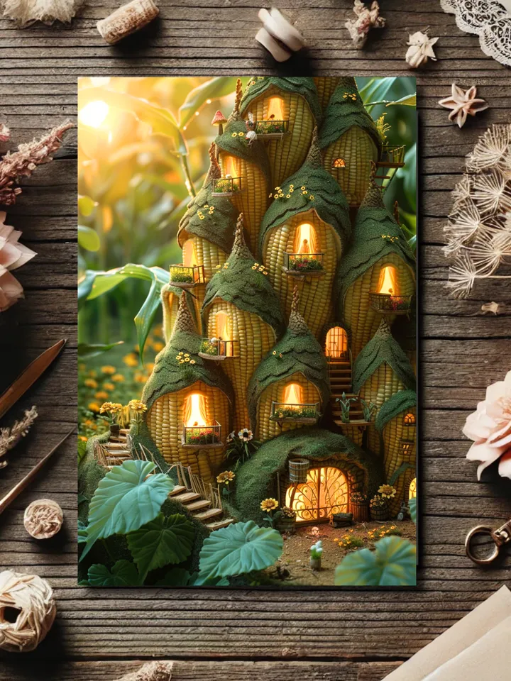 Set of 6 Enchanted Fairy and Mythical Creature House Postcards – Fantasy Art Collection. Corn Houses