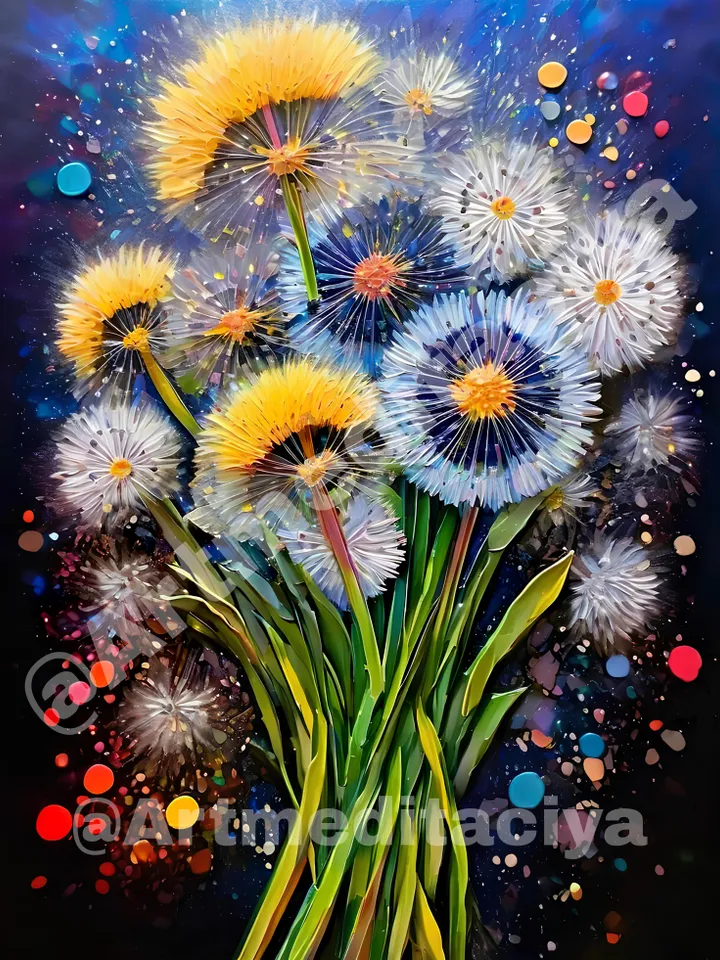 Digital abstract 3d texture painting "Dandelions". Textural image of multicolored dandelions on a dark blue background with colorful bright drops in the style of oil painting with a palette knife, impasto