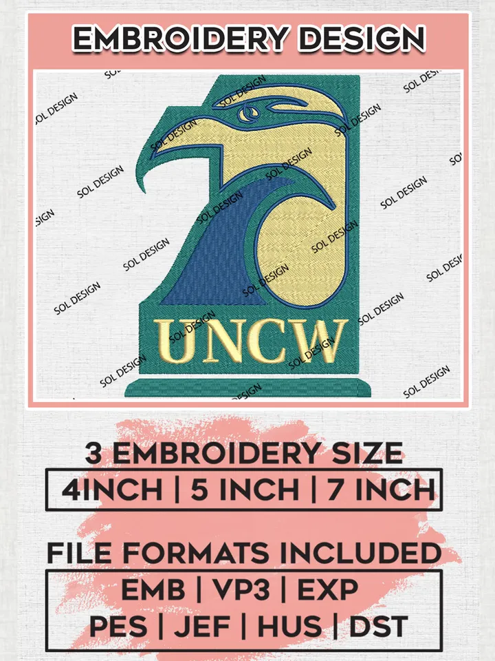 NCAA UNCW Seahawks Football Team Logo Embroidery Design Files, NCAA UNC Wilmington Seahawks Machine Embroidery, NCAA Teams, Game Day, 3 sizes, NCAA Machine embroidery designs, Digital Download